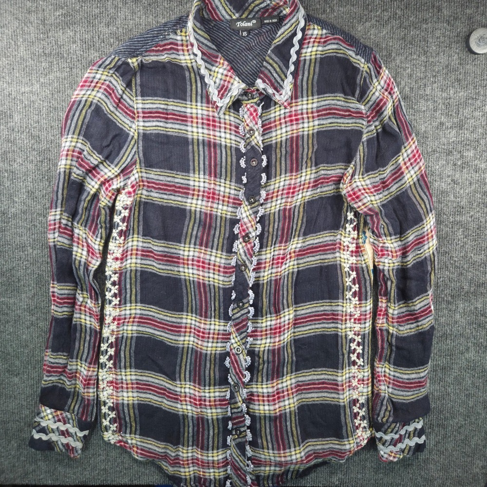 Tolani Plaid Patchwork Button Down Shirt Womens XS Blue Red Floral Western Core
